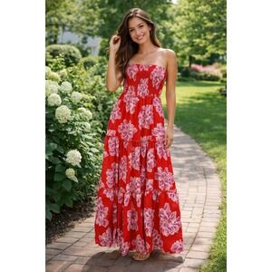 Strapless Red Floral Maxi Dress